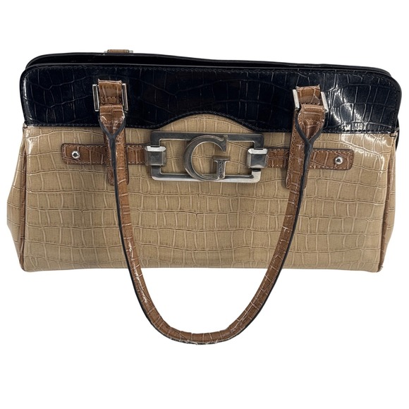 Guess Handbags - Guess Shoulder Bag Women's Tan Black Vintage Croc Embossed Logo Buckle Satchel